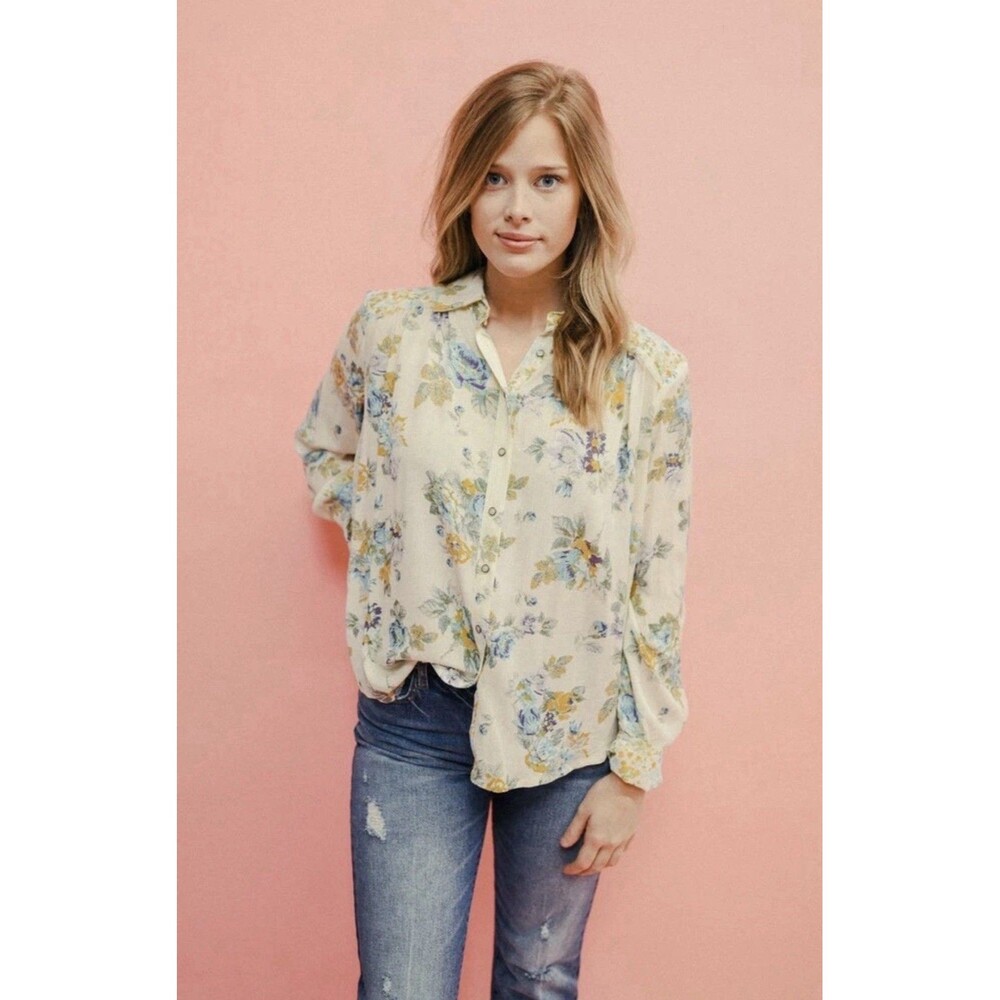 Free People Blouse Floral Multicolor Pleated Button Front Boho Medium